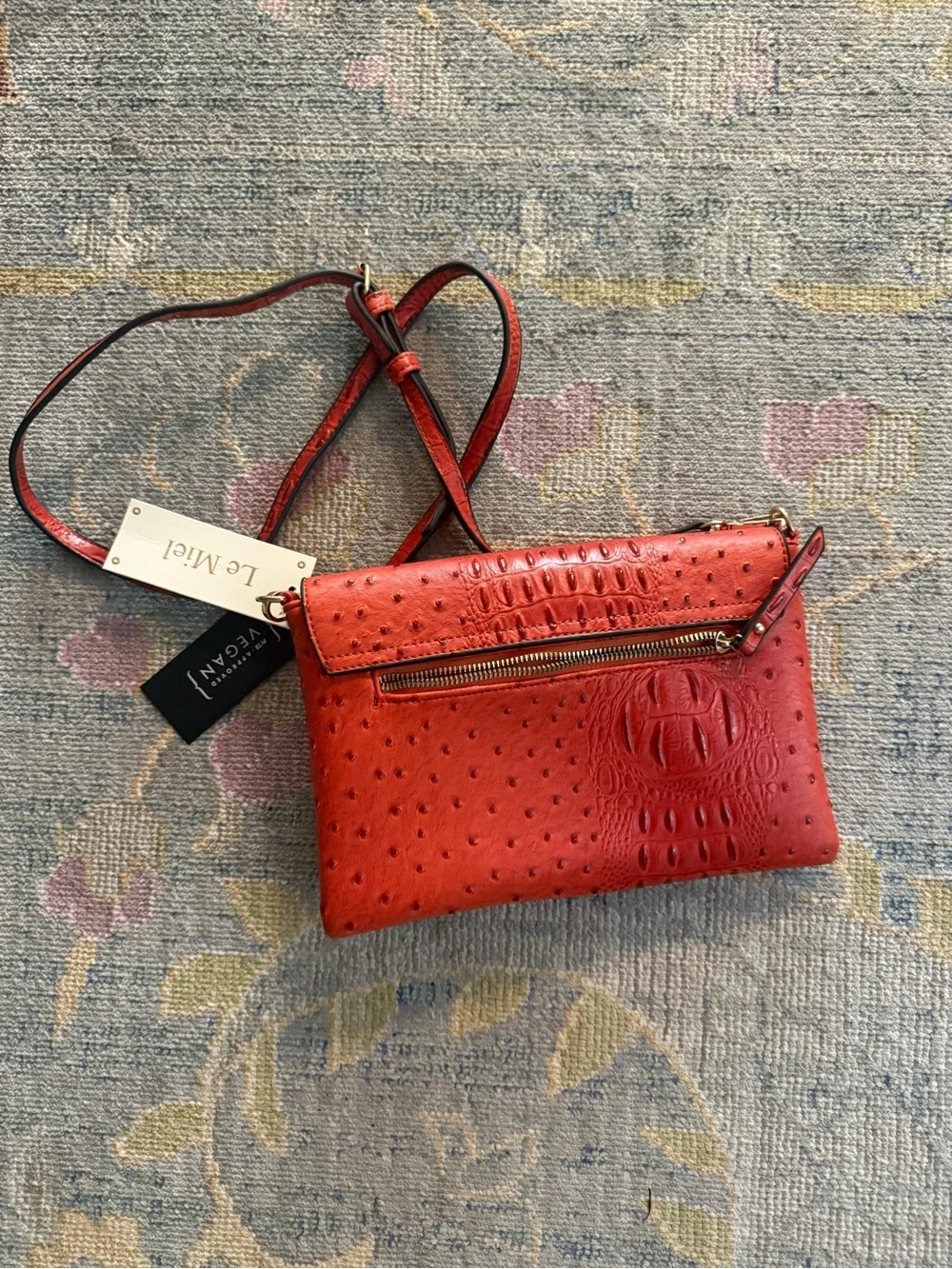 Le Miel Vegan Leather Crossbody |‎ Rust Orange Croc & Ostrich Embossed
